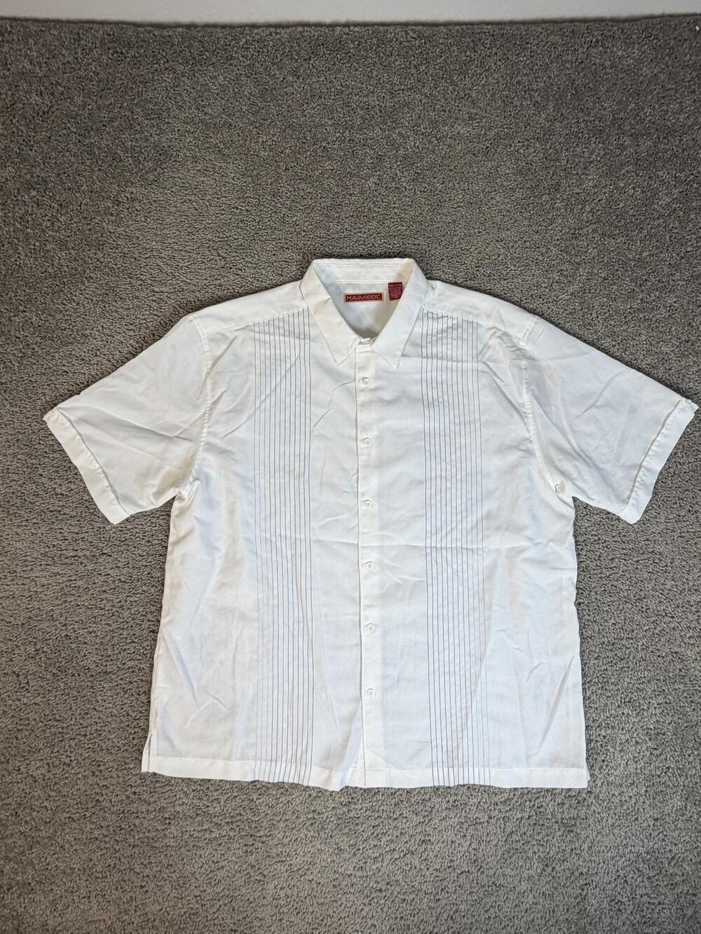 Havanera Shirt Mens 2XL White Pleated Short Sleeve Button-Up Polyester Relaxed